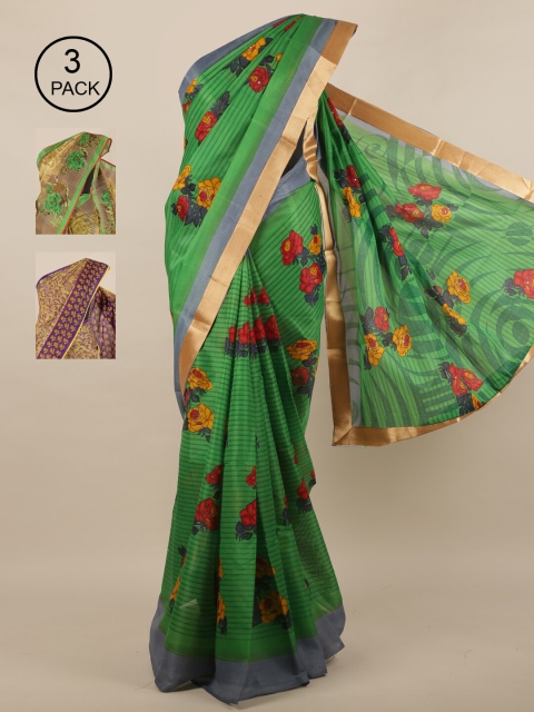 

Pothys Green & Cream-Coloured Pack of 3 Floral Saree