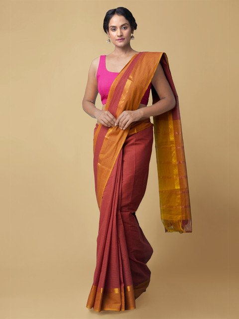 

Unnati Silks Women Maroon & Gold-Toned Pure Pavni Mangalagiri Cotton Sustainable Saree