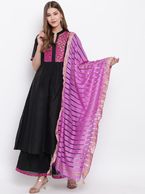 

Shakumbhari Purple & Gold-Toned Striped Pure Cotton Dupatta