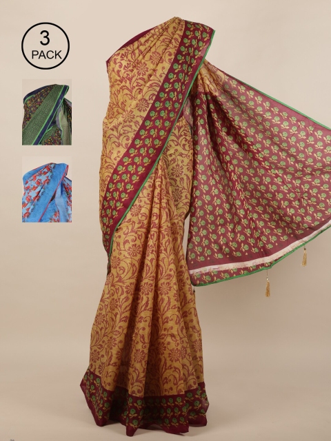

Pothys Pack Of 3 Yellow & Blue Floral Saree
