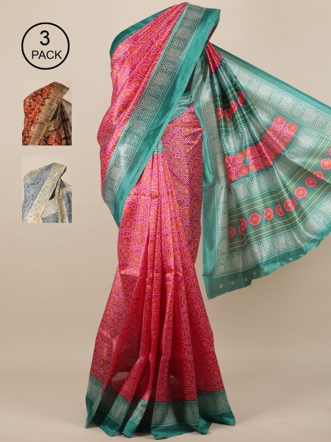 Pothys Pink & Orange Pack of 3 Bandhani Jute Silk Saree