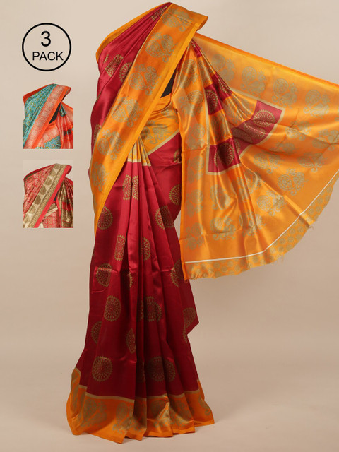 

Pothys Pack of 3 Jute Silk Printed Sarees, Red