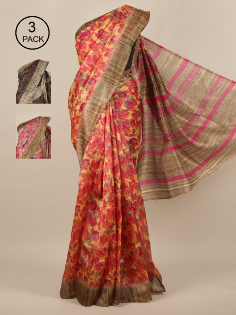 

Pothys Peach-Coloured & Grey Floral Jute Pack of 3 Silk Saree