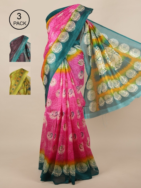 

Pothys Pack of 3 Jute Silk Printed Sarees, Pink