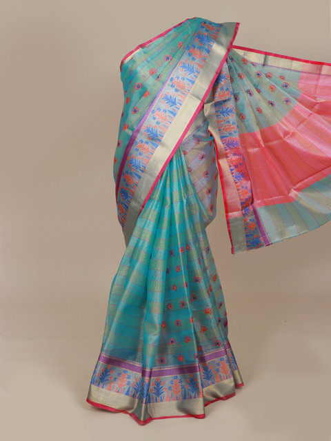 

Pothys Turquoise Blue & Golden Ethnic Motifs Art Silk Banarasi Saree