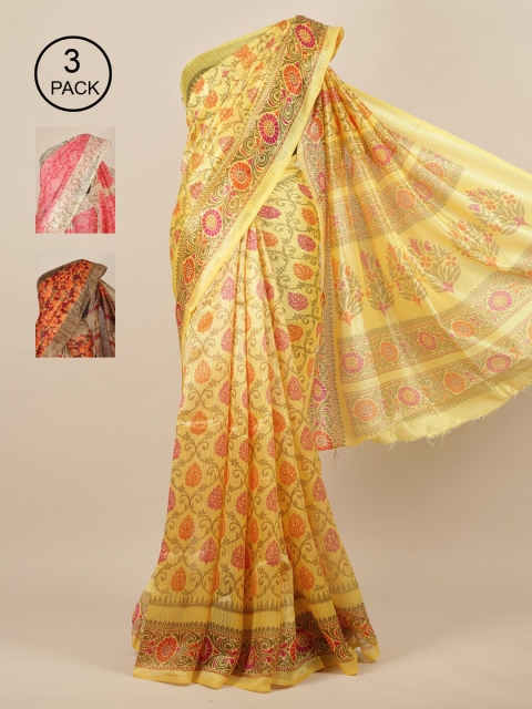 

Pothys Yellow & Pink Pack of 3 Ethnic Motifs Jute Silk Saree