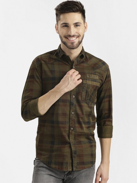 

V2 Value & Variety Men Olive Green Slim Fit Checked Casual Shirt