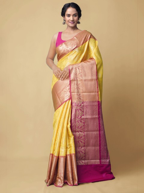 

Unnati Silks Yellow & Gold-Toned Woven Design Silk Cotton Kanjeevaram Saree