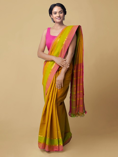 

Unnati Silks Mustard Yellow & Pink Zari Pure Cotton Mangalagiri Handloom Saree