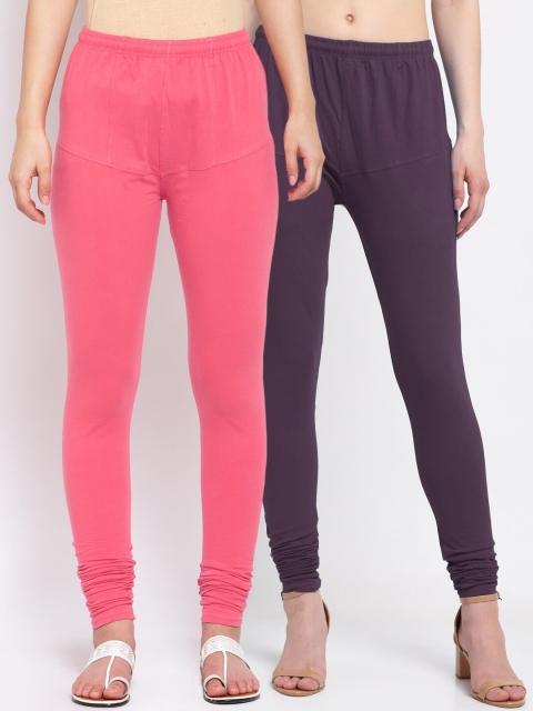 

KLOTTHE Women Pack Of 2 Solid Churidar-Length Cotton Leggings, Purple