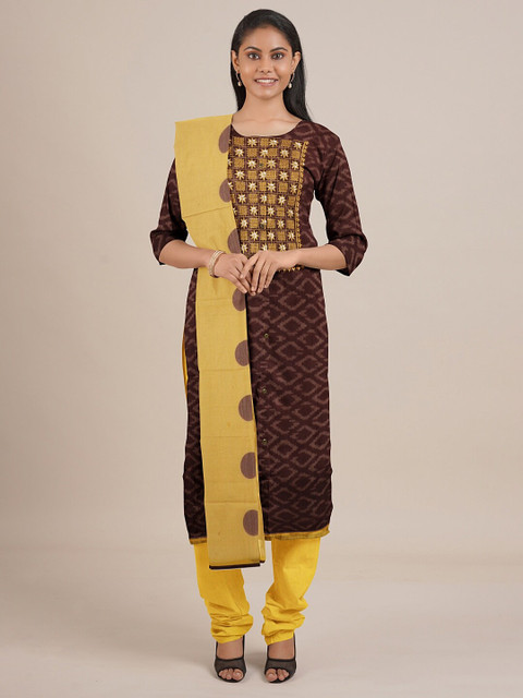 

Pothys Brown & Yellow Embroidered Unstitched Dress Material