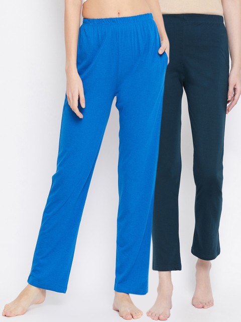 

Clovia Women Pack Of 2 Solid Chic Basic Cotton Lounge Pants, Blue