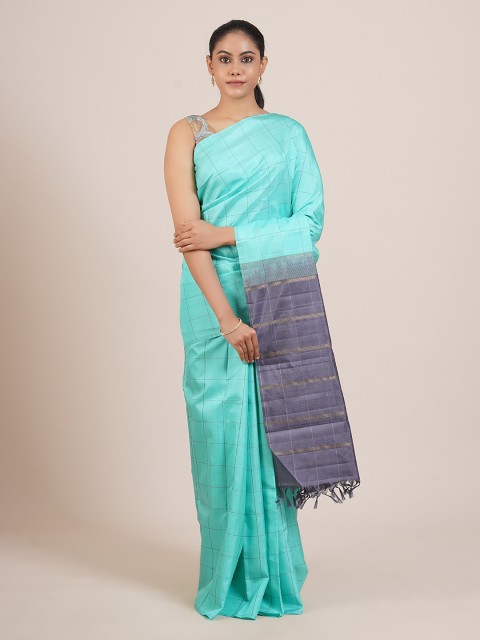 

Pothys Green & Grey Checked Pure Silk Kanjeevaram Saree
