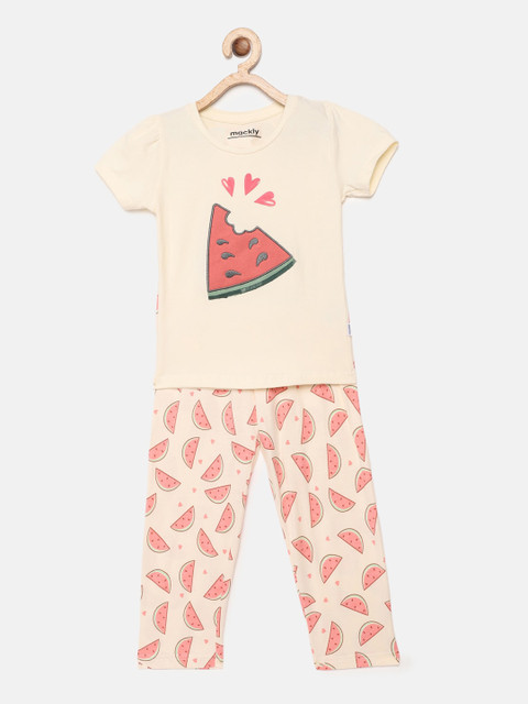 

mackly Girls Cream-Coloured & Pink Printed Night suit