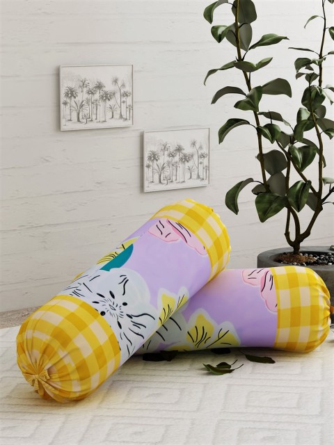 Salona Bichona Set Of 2 Yellow & Purple Printed 144TC Cotton Bolster Cover