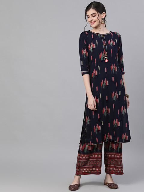 

Ishin Women Navy Blue Ethnic Motifs Printed Kurta with Palazzos