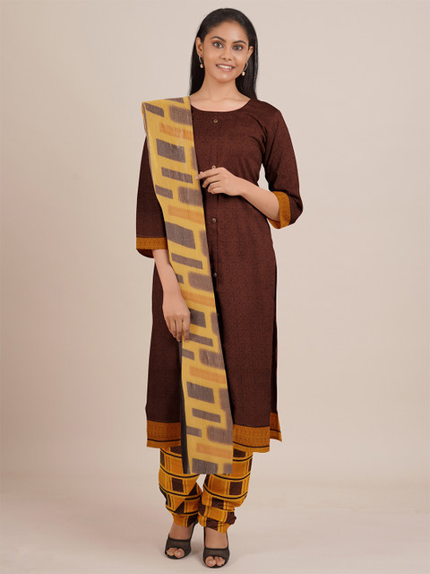 

Pothys Brown & Yellow Unstitched Dress Material
