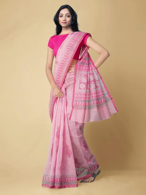 

Unnati Silks Pink & Grey Floral Cotton Blend Kota Saree