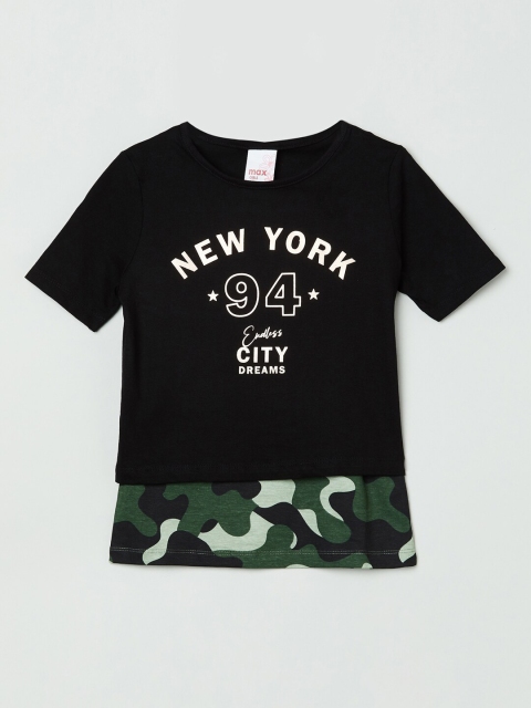 

max Girls Black Green Typography Printed Pure Cotton T-shirt