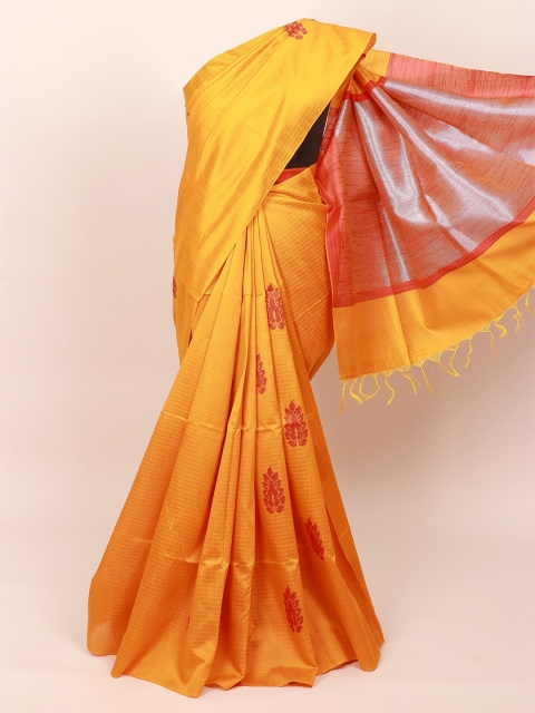 

Pothys Mustard Yellow & Red Checked Jute Silk Saree