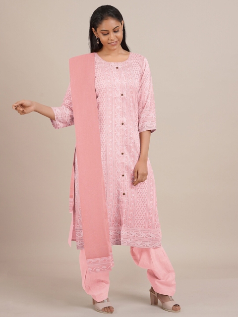 Pothys Peach-Coloured Printed Unstitched Dress Material