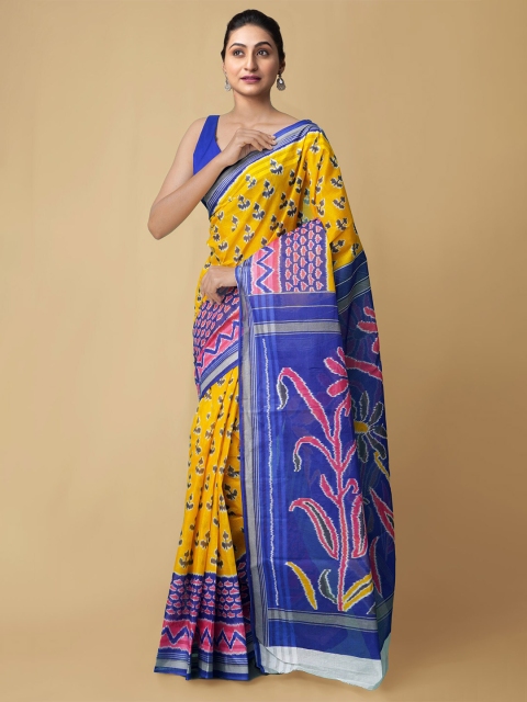 

Unnati Silks Yellow & Blue Ethnic Motifs Pure Cotton Kovai Saree