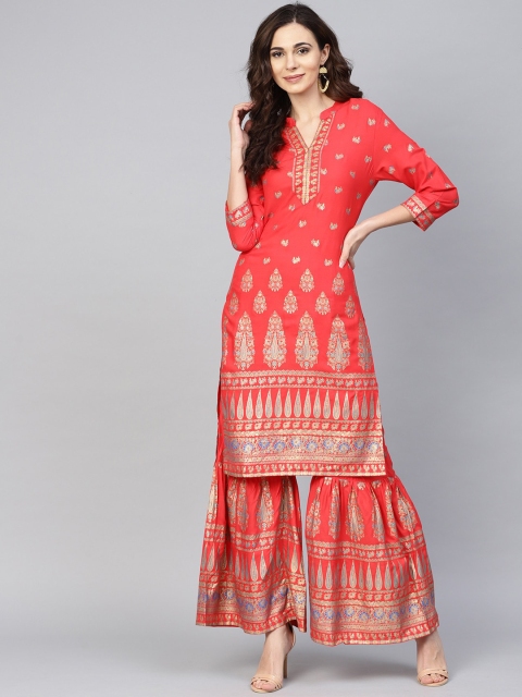 

Ishin Women Red Ethnic Motifs Printed Angrakha Kurti with Sharara
