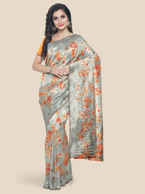

KLM Fashion Mall Grey & Orange Floral Silk Blend Banarasi Saree