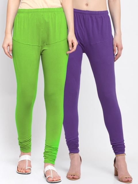 

KLOTTHE Women Pack Of 2 Solid Cotton Churidar-Length Leggings, Purple
