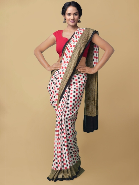 

Unnati Silks White & Black Pure Crepe Pochampally Saree