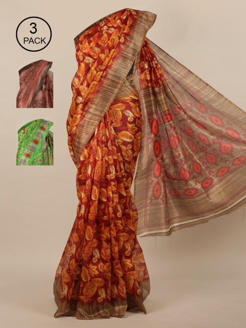 

Pothys Maroon & Brown Pack of 3 Floral Jute Silk Saree
