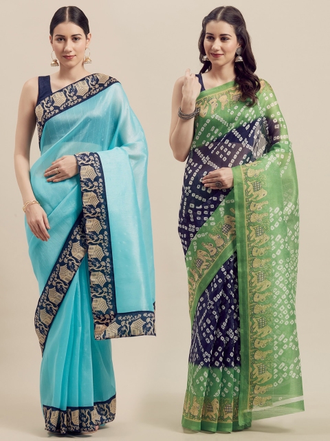 

KALINI Turquoise Blue & Green Pack of 2 Bandhani Silk Blend Bhagalpuri Saree