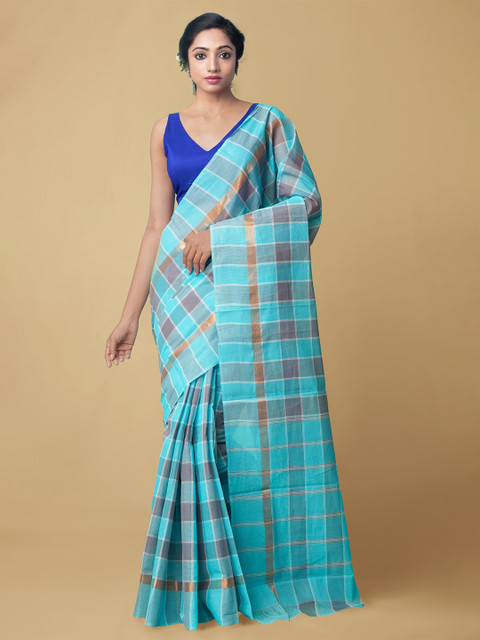

Unnati Silks Women Blue & White Pure Mangalagiri Cotton Sustainable Saree