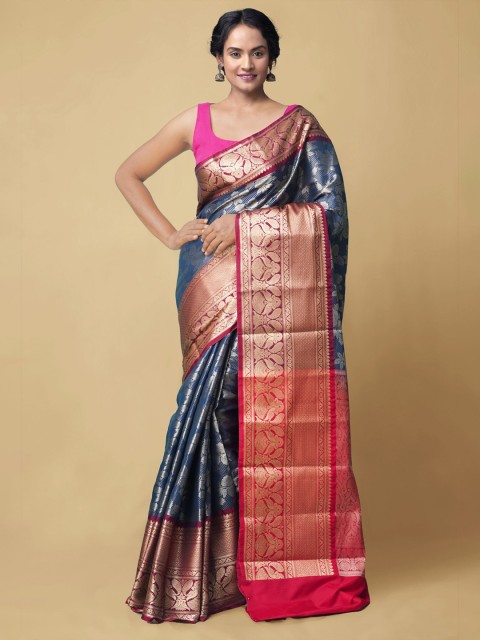 

Unnati Silks Blue & Red Ethnic Motifs Zari Silk Cotton Kanjeevaram Handloom Saree