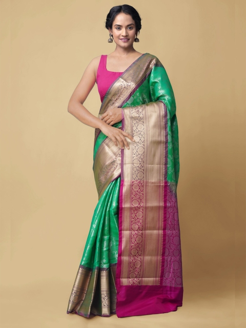 

Unnati Silks Green & Pink Woven Design Zari Silk Cotton Kanjeevaram Saree