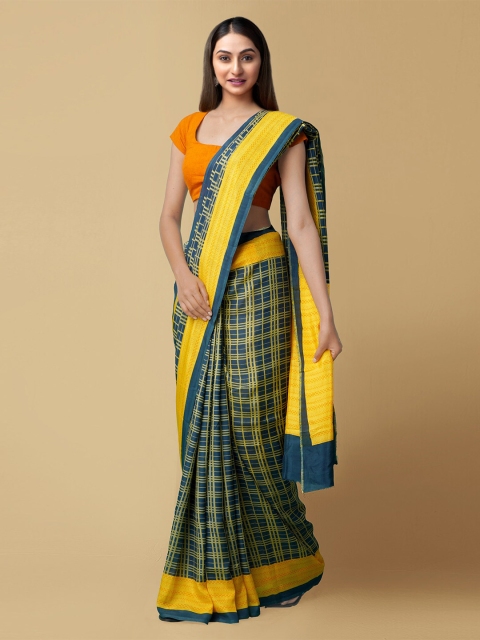 

Unnati Silks Navy Blue & Yellow Checked Art Silk Baluchari Saree