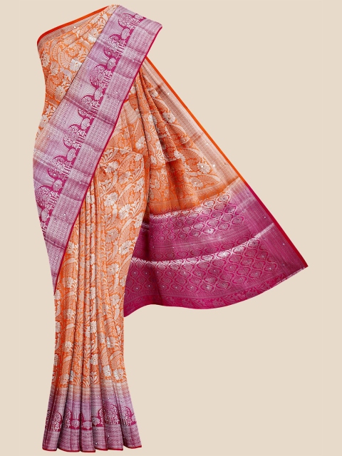 

Kalamandir Orange & Pink Ethnic Motifs Zari Silk Blend Banarasi Saree