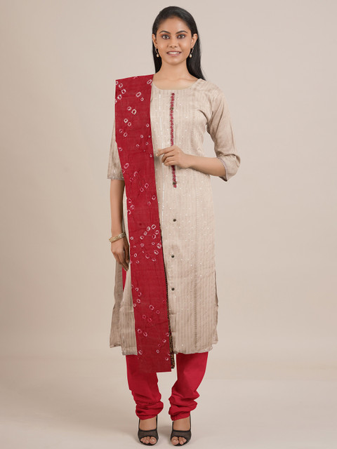 

Pothys Cream-Coloured & Red Printed Unstitched Dress Material