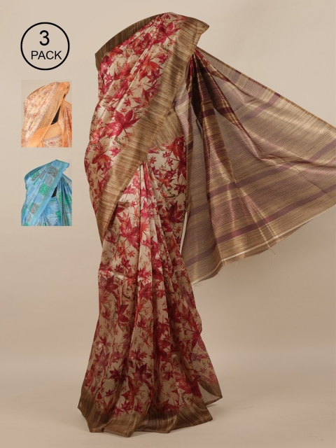 

Pothys Cream-Coloured & Orange Pack Of 3 Floral Jute Silk Saree