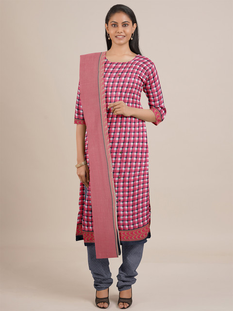 

Pothys Pink & Grey Printed Unstitched Dress Material