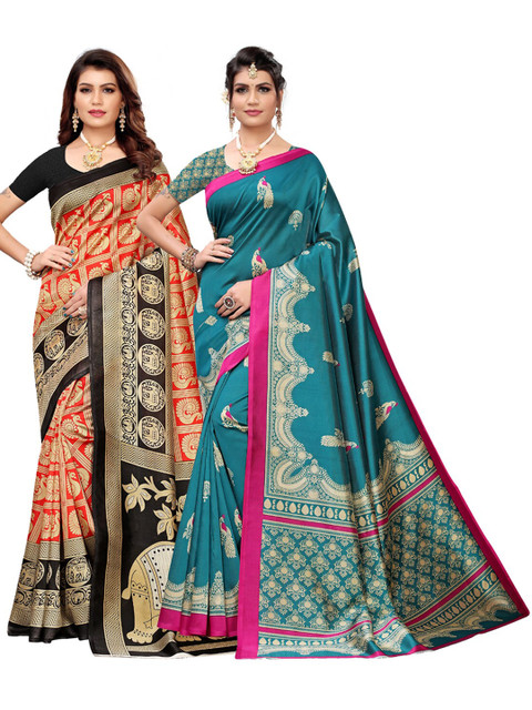 

KALINI Pack of 2 Orange & Turquoise Blue Ethnic Motifs Art Silk Saree