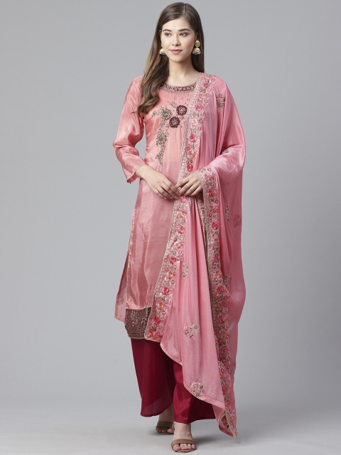 

Ishin Women Pink Embroidered Angrakha Kurta with Churidar & With Dupatta