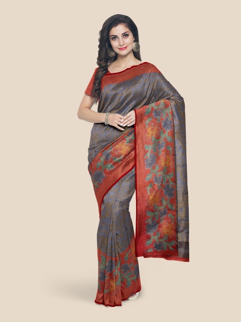 

KLM Fashion Mall Grey & Red Floral Brasso Saree