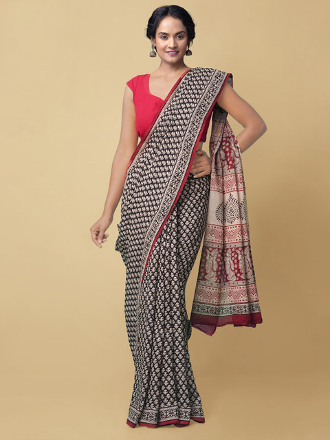 

Unnati Silks Women Black & Red Pure Bagru Printed Kota Cotton Sustainable Saree