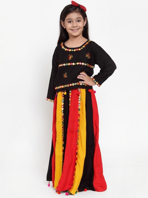 

Baani Creations Girls Black & Red Embellished Mirror Work Ready to Wear Lehenga