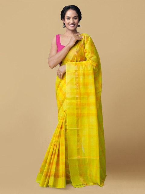 

Unnati Silks Yellow & Gold-Toned Checked Pure Cotton Mangalagiri Saree