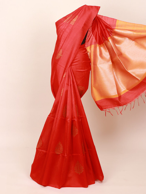 

Pothys Red & Peach-Coloured Woven Design Jute Silk Saree