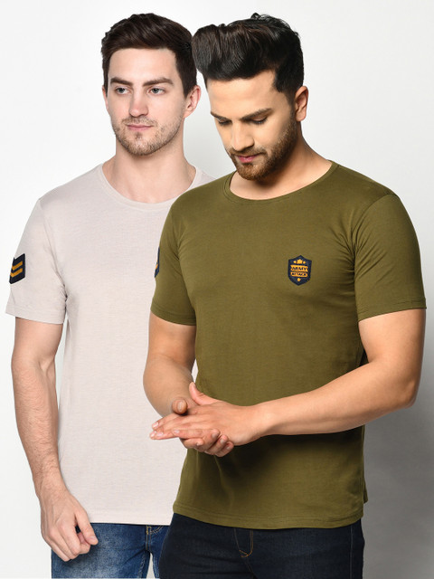 

ELEGANCE Men Pack Of 2 Green & Off White T-shirt