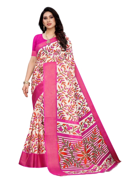

KALINI White & Pink Ethnic Motifs Linen Blend Saree