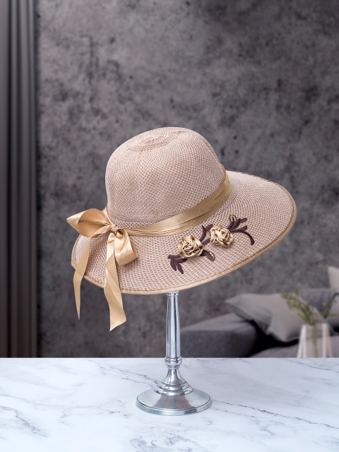 

Golden Peacock Women Brown & Gold-Coloured Woven-Design Embroidered Straw Sun Hat
